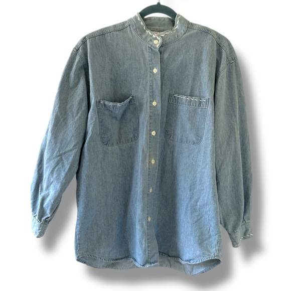 Vintage Embroidered Mock Neck Button Up Blue Denim Shirt Women’s Size Medium - Picture 1 of 15